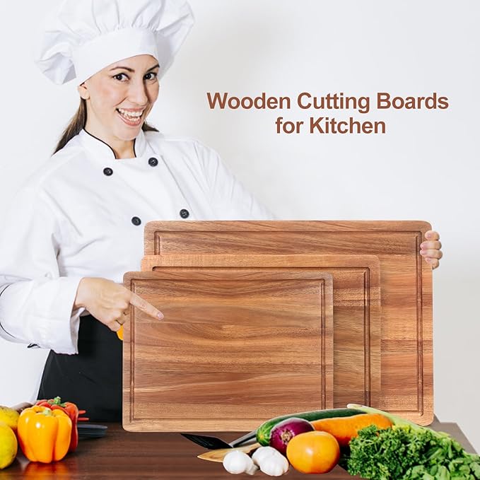 Solid Wooden Cutting Board Set of 3 Acacia Wood Charcuterie Board Set Meat Hardwood Chopping Board Butcher Blocks Non Toxic Maple Large Cutting Boards for Kitchen Decor Bread Serving Cheese Board