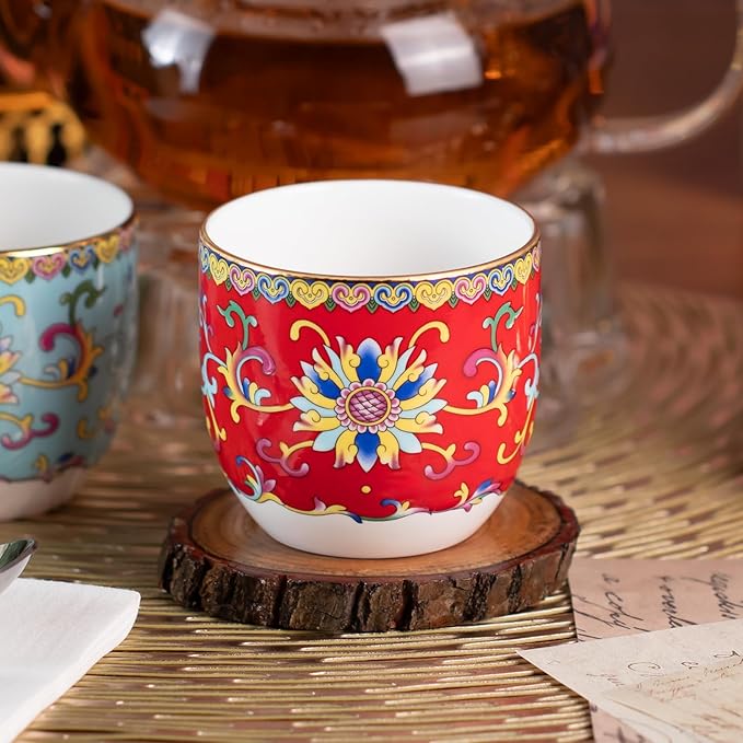 KAMMAK Tea Cups Set of 2, 6.35oz Mini Ceramic & Porcelain Tea Mugs -Handleless Vintage, Non-Toxic Handcrafted Cups for Juice, Coffee, Gift(Red + Lake Blue)