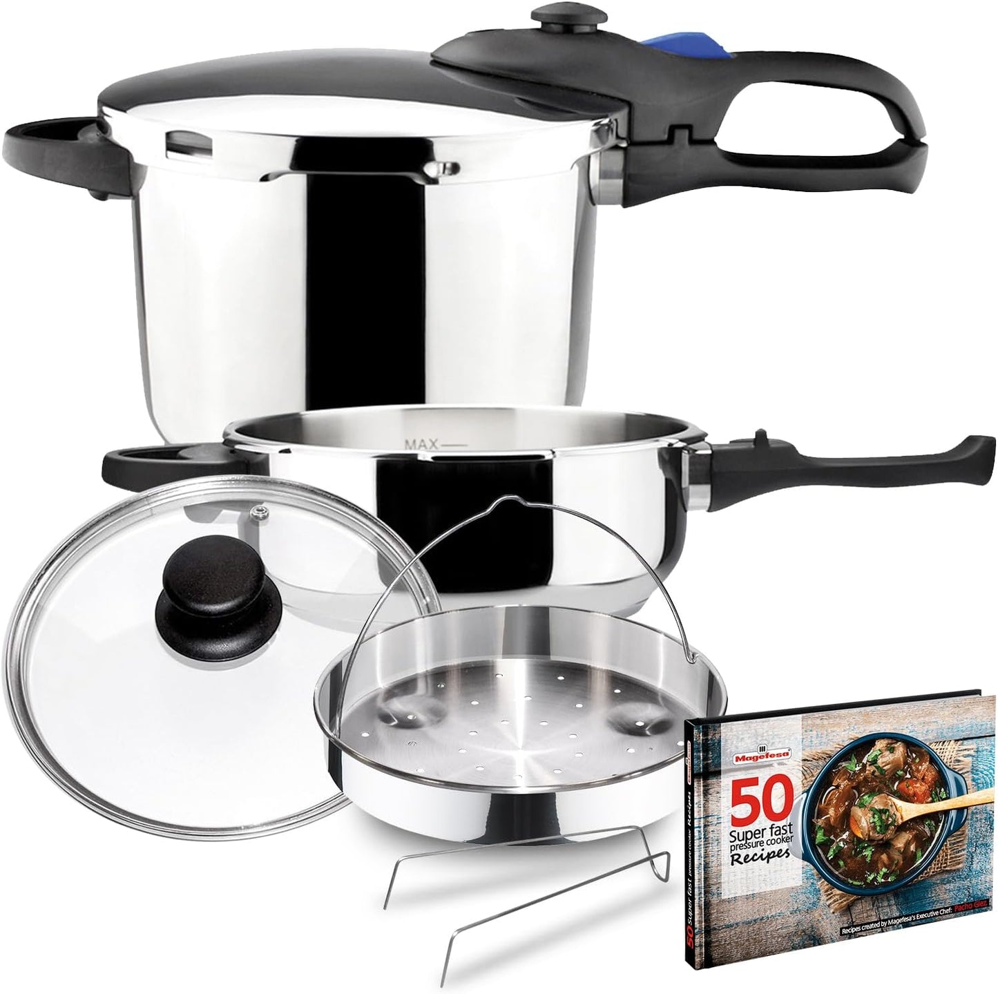 MAGEFESA Favorit Six Fast-Cooking Pressure Cooker Set, 3.2 Qt & 6.3 Qt, Stainless Steel, Induction Compatible, Heat Diffuser Base, 5 Safety Systems – Special Edition (Steam Basket, Lid & Recipe Book)
