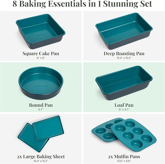 Larder & Vine 8-Piece Bakeware Set | Non-Stick Baking Set with Ceramic Finish | PFAS, PFOA, PTFE, and BPA Free Baking Essentials | Baking Sheets, Muffin Tins and Assorted Baking Pans | Bondi