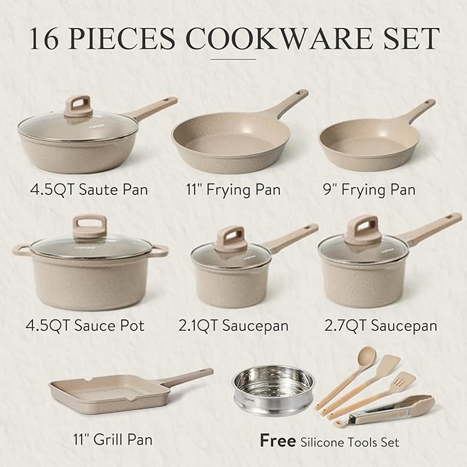 CAROTE Pots and Pans Set Non Stick, 16Pcs Kitchen Cookware Set, Stackable Induction Cookware, Pot and Pan set, Pans for Cooking, Taupe Granite，Pots and Pans Set Non Stick,