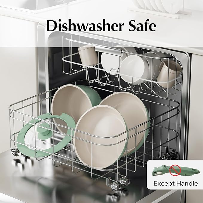 Redchef Ceramic Cookware Set, Removable Handle Pots and Pans Non-Stick, Rv Cookware Set, Non-Toxic Pots and Pans Set No PFAS, PTFE, PFOA, Detachable Pots and Pans, Dishwasher & Oven Safe (Green)