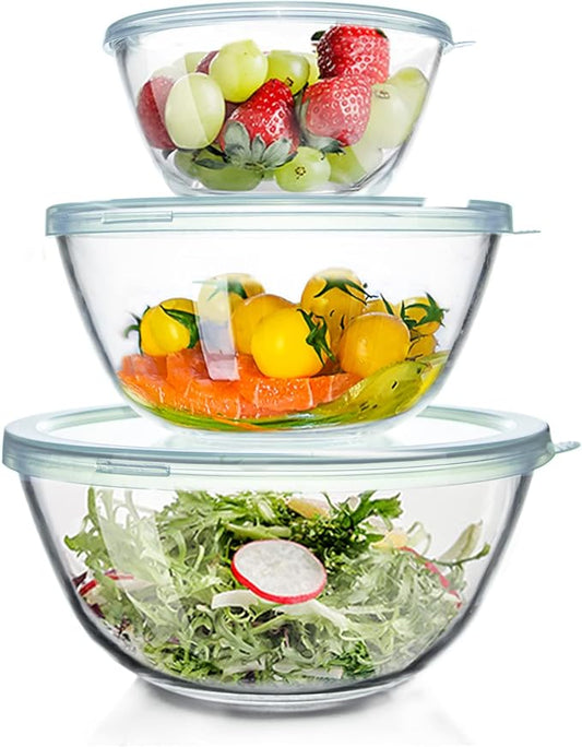WhiteRhino Glass Mixing Bowls Glass Bowls with Lids Set(4.5QT,2.7QT, 1.1QT),Large Salad Bowls,glass mixing bowl Space-Saving Nesting Storage bowls for Cooking,Baking,Prepping,Dishwasher Safe