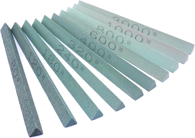 10pcs Triangular Sharpening Stone Sticks Set, 5.92inch Green Silicon Carbide Oil Stones, Grit Sizes 80#-3000# for Models, Metal, & Knife Cutting Tools