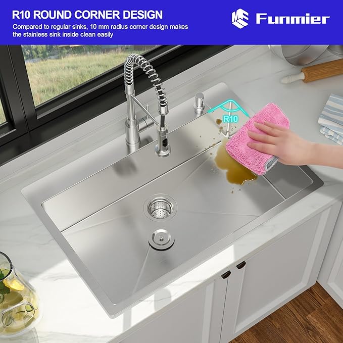 33 x 22 Drop In Kitchen Sink - 33 Inch Topmount Kitchen Sinks Stainless Steel 16 Gauge Single Bowl Above Counter Handmade Basin with Offset Drainer