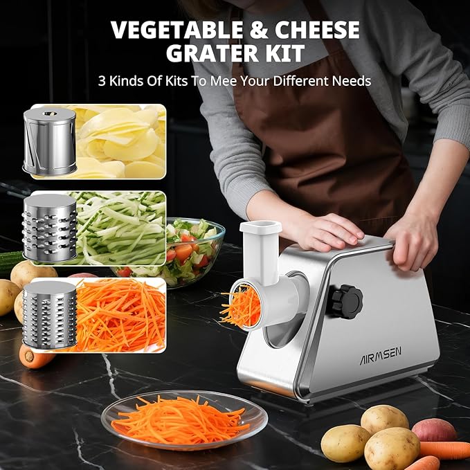 AIRMSEN Electric Meat Grinder & Tomato Sauce Press Maker with Strainer - Heavy Duty Food Mill Machine for Grinding Meat, Making Tomato Sauce, Sausage, Kibbeh for Home Kitchen Use