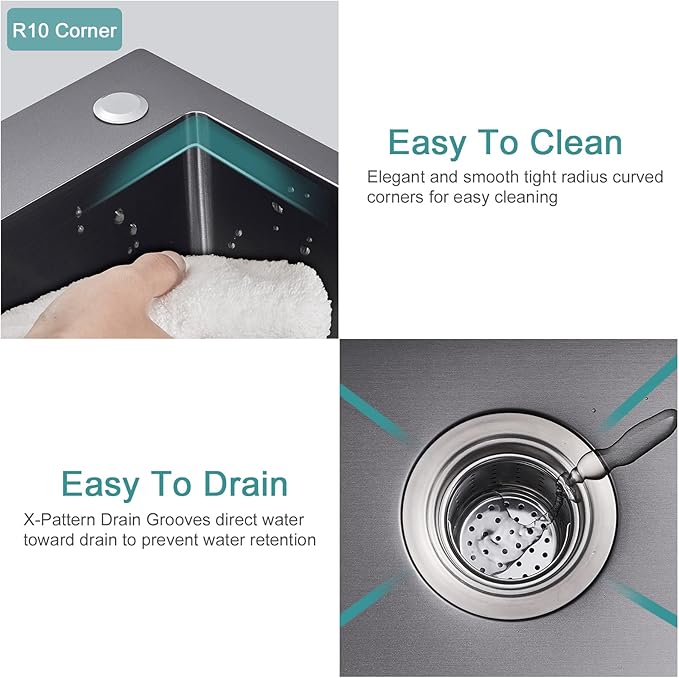 20 × 16 inch Drop-in Kitchen Sink Black, Top-mount Stainless Steel Kitchen Sink Single Bowl, Overmount Kitchen Bar Sink Single Basin