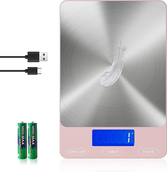 Food Scale -33lb Digital Kitchen Scale for Food Ounces Grams Rechargeable 306 Stainless Steel,Batteries and Type-C Charging | Perfect for Meal Prep, Cooking, and Baking, Pink