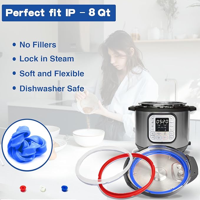 3 Pack Sealing Ring 8 Qt for Instant Pot Sealing Rings for 8Qt Insta Pot, With 3 Float Valve Caps, Food grade Silicone Instantpot 8Qt Sealing Ring, for Instant Pot 8 Qt, Red, Clear and Blue