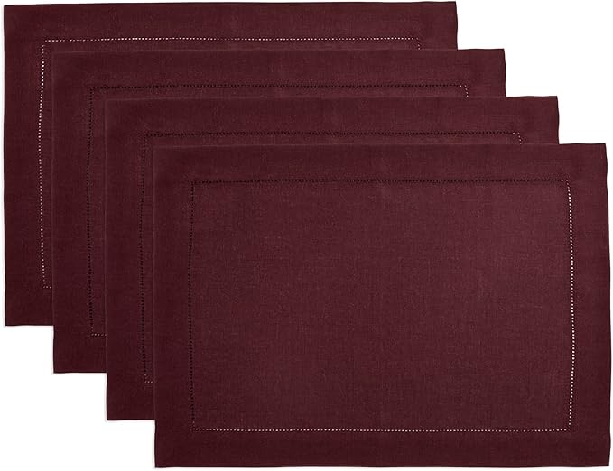 Solino Home Linen Cloth Placemats Set of 4 - 100% Pure Linen Hemstitch Burgundy Placemats 14 x 19 Inch - Classic Hemstitch Table Place Mats for Fall, Autumn, Thanksgiving, Holiday, Winter