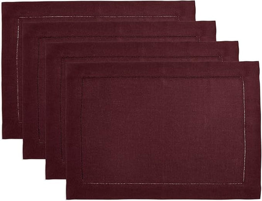 Solino Home Linen Cloth Placemats Set of 4 - 100% Pure Linen Hemstitch Burgundy Placemats 14 x 19 Inch - Classic Hemstitch Table Place Mats for Fall, Autumn, Thanksgiving, Holiday, Winter
