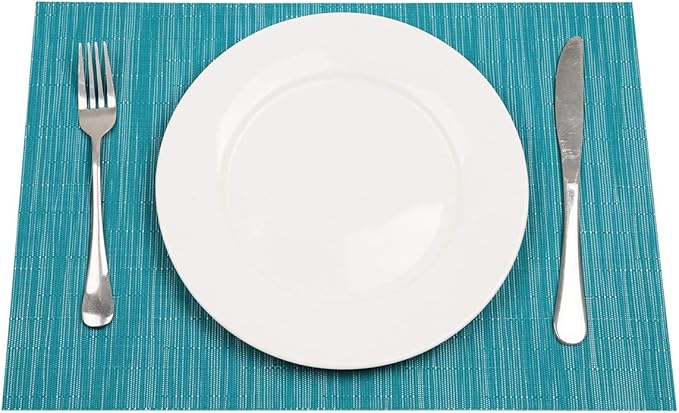 SHACOS Woven Vinyl Placemats Set of 6 Wipe Clean Wasahble Place Mats for Dining Table Heat Resistant Non Slip Table Mats (6, Teal Blue)