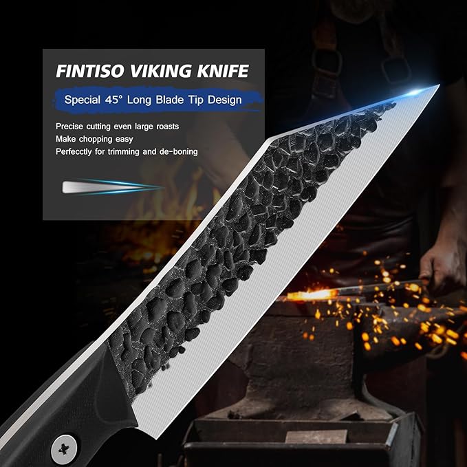 FINTISO Chef Knife 7 inch Kitchen Knife Japanese Style Boning Knife for Meat Cutting Sharp Viking Knife with Full Tang G10 Handle Butcher Knife for Home, Camping, BBQ