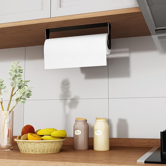 Paper Towel Holder Under Cabinet, Stainless Steel, Wall Mount, Black Adhesive Paper Roll Holder for Kitchen and Bathroom