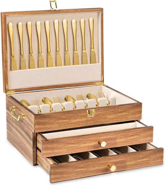 Silverware Storage Box, 3-Layer Flatware Storage Case with Drawer, Wooden Silverware Chest with Handle and Linen Liner, Rustic Silverware Case for Storing Fine Flatware and Utensils (Brown)