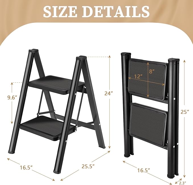 HBTower Step Ladder, Step Ladder Folding Step Stool, Portable Sturdy Steel Ladder Stool for Adults with Anti-Slip Wide Pedals Home Outdoor Kitchen, Black