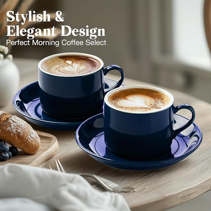 5 Ounce Blue Porcelain Stackable Espresso Cups with Stainless Steel Holder, Set of 4, Durable Ceramic, Perfect for Home, Office or Gift