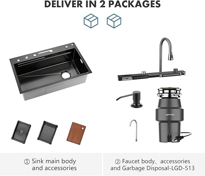 Lefton 29.5"x 18.25" Single Bowl Stainless Steel Kitchen Sink KS2206 with 1/2 HP Continuous Feed Garbage Disposal LGD-513