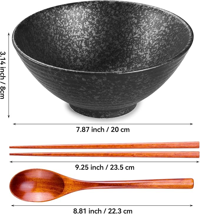 40 OZ ceramic ramen bowls, 8 IN large Japanese noodle soup bowl, match chopsticks and spoons, suitable for Pho, Udon Asian noodles (Black color)
