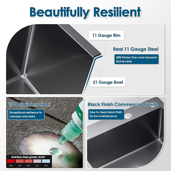 ROVOGO 20x16x9 in. Kitchen Sink Black Top Mount Single Bowl 2 Hole, 304 Stainless Steel Handmade Drop-in Bar Prep Small Sink