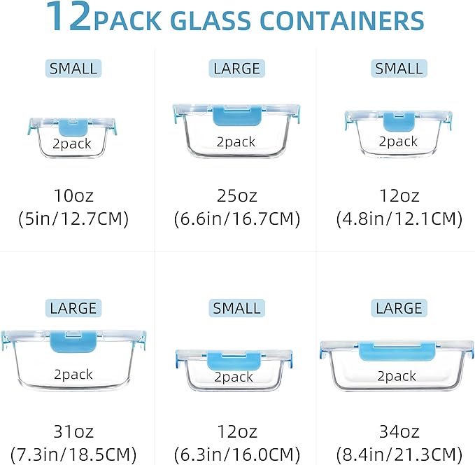 12 Pack Glass Storage Containers with Lids, Glass Meal Prep Containers Set, Airtight Food Storage Containers, Blue