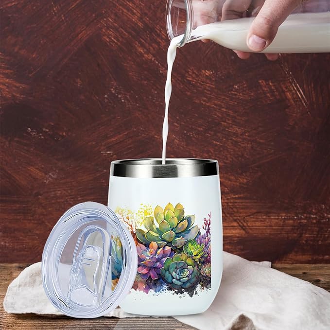 Watercolor Cactus Gardening Gifts Cute Succulent Wine Tumbler Insulated Wine Glasses 12 oz Tumbler with Lid for Women Men Cactus Lovers Female Girl Mom Grandma Coworker Birthday Christmas Anniversary