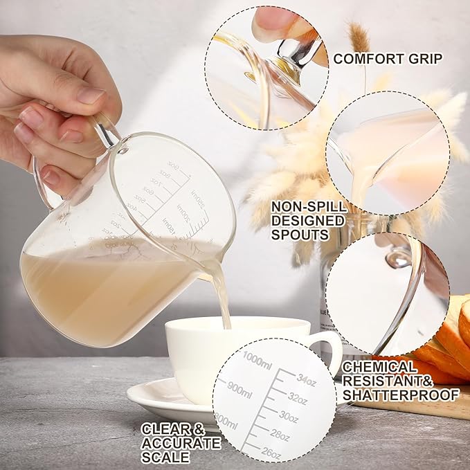 Lallisa 3 Pack High Borosilicate Glass Measuring Cups Set with Handle V Shaped Spout, 4, 2, 1 Cup 3 Scales (Oz, Cup, Ml) for Kitchen Restaurant Baking Cooking, Easy to Read, Clear(White Scale)
