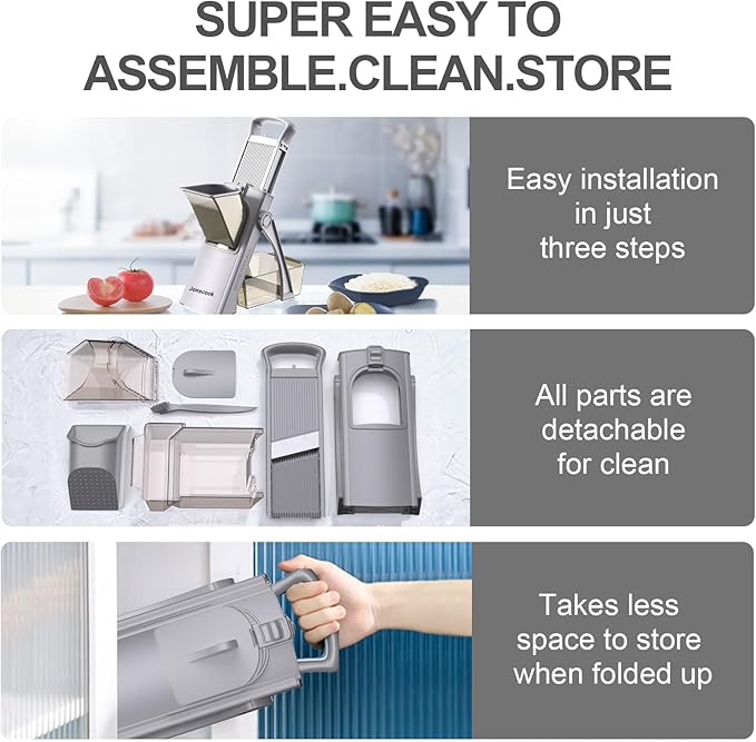 All-in-1 Upgraded Safe Mandoline Slicer for Kitchen, with Handheld Spiralizer, Food Chopper with Container, Thickness Adjustable Vegetable Chopper, Potato French Fry Cutter (High-grade Gray)