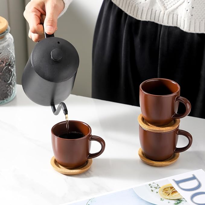 Hasense Stackable Porcelain Mini Espresso Cups and Saucers Set of 6, 4 OZ Ceramic Small Demitasse Espresso Shots Cups with Lids for Nespresso Lungo, Latte, Cafe Mocha and Tea, Brown