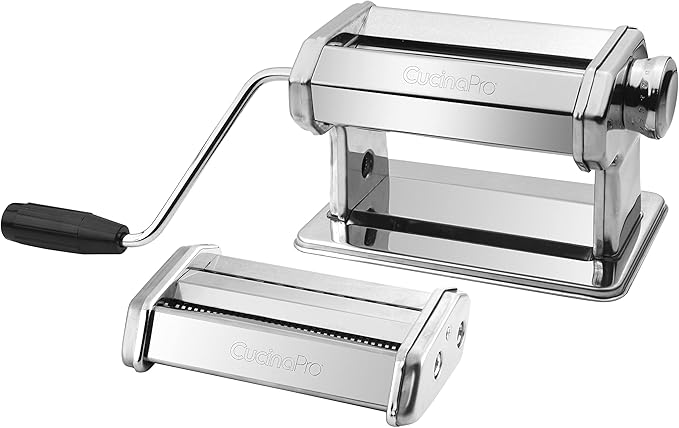 Pasta Maker Machine- Heavy Duty Chrome Coated Steel Construction with Fettucine & Spaghetti Attachments, Rollers w Adjustable Thickness Settings, Manual Hand Crank, Includes Recipe Guide, Xmas Gift