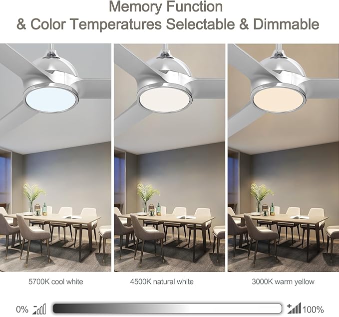 52 Inch Modern Silver Ceiling Fan with Lights Remote Control, Quiet DC Motor/Dimmable 3 Color LED/6 Speed High CFM/3 Blade Indoor Ceiling Fans for Bedroom/Living Room