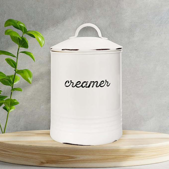 AuldHome Design Enamelware White Creamer Canister; Rustic Distressed Style Coffee Accessory Storage for Kitchen