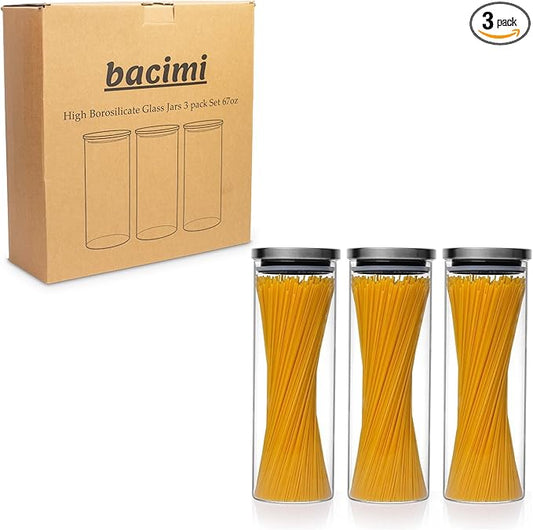 Bacimi® Airtight Borosilicate 3mm thick Glass Storage Containers for Spaghetti, Pasta, Noodles, Linguini, Lasagna, Flour, Cereal, Coffee, Multi Purpose Food Jar, Canisters for Kitchen, Pantry 67oz Ea