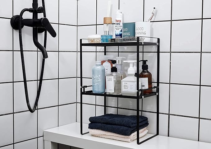 2pk Kitchen Cabinet Shelf Counter Organizer Rack Pantry Storage Bathroom Bedroom Office Table Desk Space Saving Steel Frame Stackable Rust Resistant Non Slip Black-Tall-L13in W8.3in H9.5in
