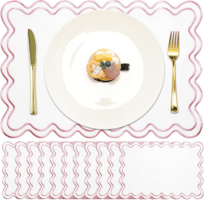 12 Set Linen Placemat 13x19 Wavy Embroidery Scalloped Placemat Double Layered Washable Farmhouse Dinner Table Mat Fabric Napkin for Christmas Hotel Restaurant Wedding Party(Pink)
