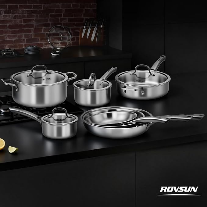 ROVSUN 11-Pcs Stainless Steel Cookware Set, Tri-Ply Pots and Pans Set with Lids, Full Clad Stainless Steel, Non-Toxic Kitchen Set, PFOA & PTFE Free, Compatible for All Cooktops