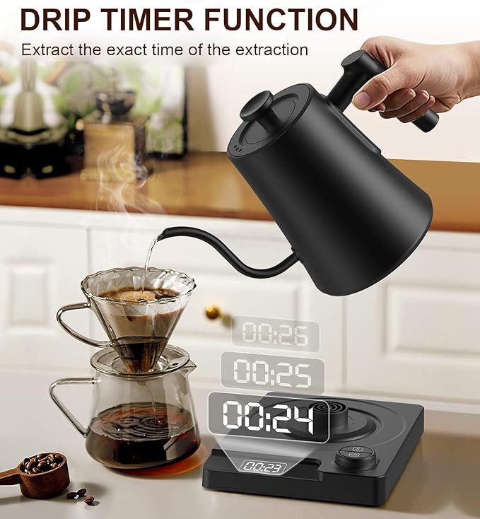 Gooseneck Electric Kettle with ±1℉ Precision Temperature Control for Pour Over Coffee & Tea, Rapid Boil, 304 Stainless Steel, Built-in Brew Timer, 1200W/1.0L