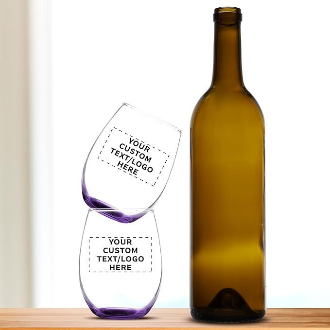 Custom Stemless Wine Glass 9 oz. Set of 50, Personalized Bulk Pack - Great for Wedding Favors, Bachelorette Party Decorations, Party Favors, Color Bottom - Purple