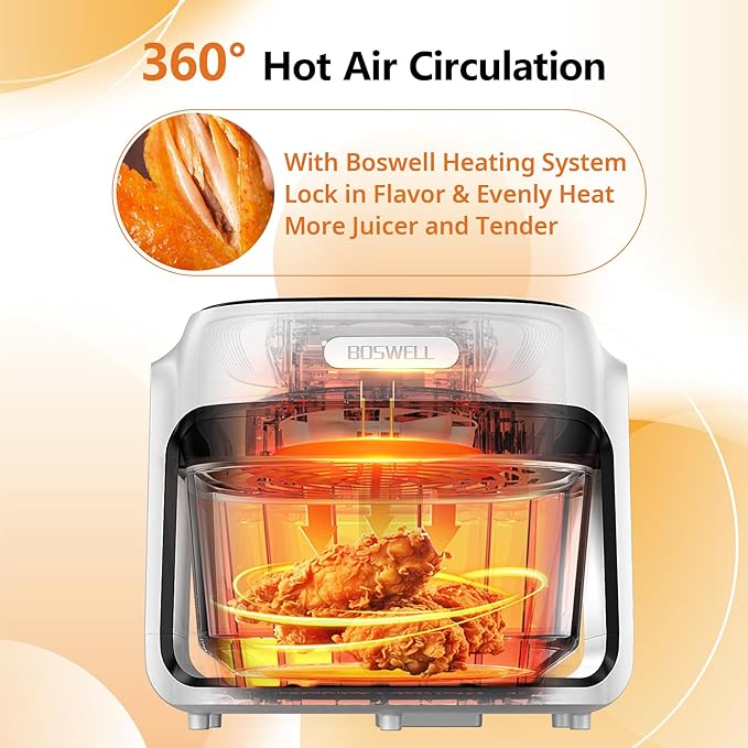 BOSWELL Steam Glass Air Fryer, 7.5QT Borosilicate Bowl with Circulating Heat, Digital Touchscreen, 400°F Max Temp, Oil-Free Fryer with Mist Function, Dishwasher Safe (White)