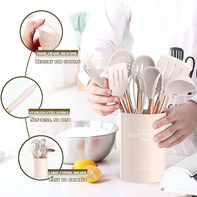 Umite Chef Silicone Kitchen Cooking Utensil Set, 43 pcs Spatula Utensils Set with Rose Gold Stainless Steel Handle, Non-stick Heat Resistant - Best Cookware Set-(Khaki)