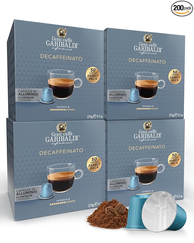 Gran Caffè Garibaldi Decaffeinated Espresso Pods, Italian Roasted Coffee, Decaf Capsules Compatible with Nespresso Original Line Machines, Nitrogen Flushed Intense & Rich Aroma - Decaffeinato (Aluminum) 200 Cups