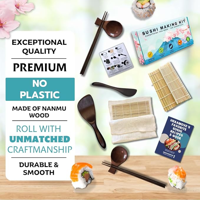 No Plastic Premium Sushi Making Kit for Home, for Beginners or Pro Sushi makers. Made of Premium Wood, includes Tea Cloth, Planet-Friendly - the Best Gift and DIY Home Sushi Kit Experience