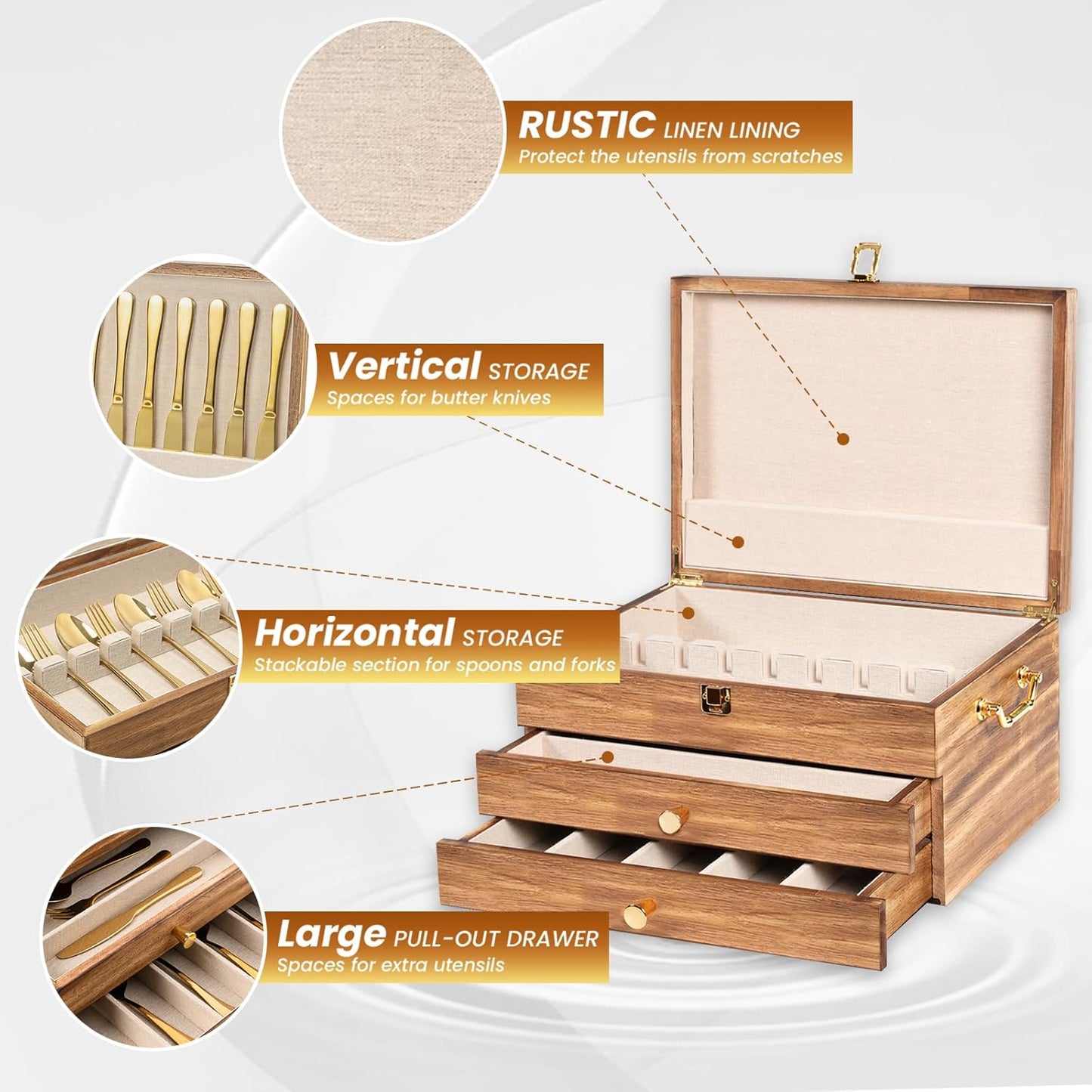 Silverware Storage Box, 3-Layer Flatware Storage Case with Drawer, Wooden Silverware Chest with Handle and Linen Liner, Rustic Silverware Case for Storing Fine Flatware and Utensils (Brown)