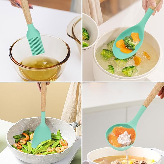 12-Piece Silicone Kitchen Utensils Set with Wooden Handle, Non-Stick & Heat Resistant Cooking Utensils (446°F), Includes Spatula, Spoon, Turner, Tongs, Whisk, Great for Home Cooks-Green