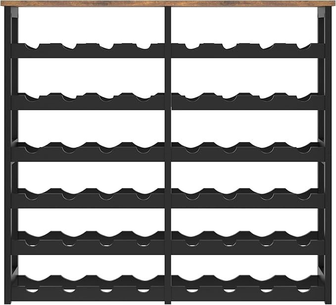 6 Tier Bamboo Wine Rack with Table Top, Freestanding 48-Bottle Wine Storage Shelf, Wine Display for Kitchen, Bar, Dining Room, Living Room, Rustic Brown and Black