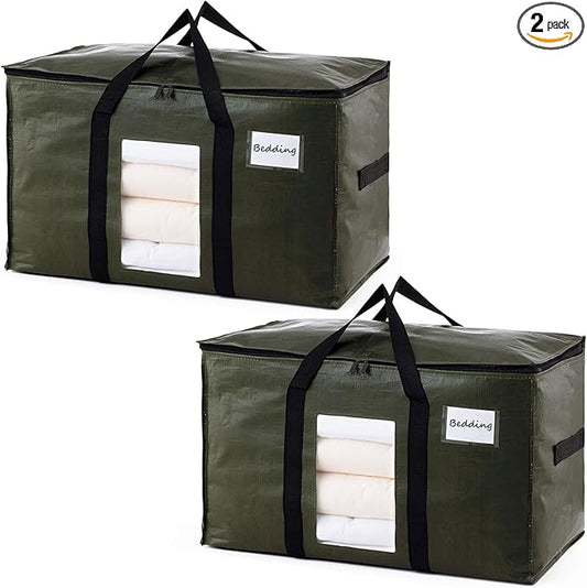 TAILI 2 Pack Green Extra Large Storage Bags, Heavy Duty Totes with Visible Window, Wrap Around Handles, Perfect for Moving