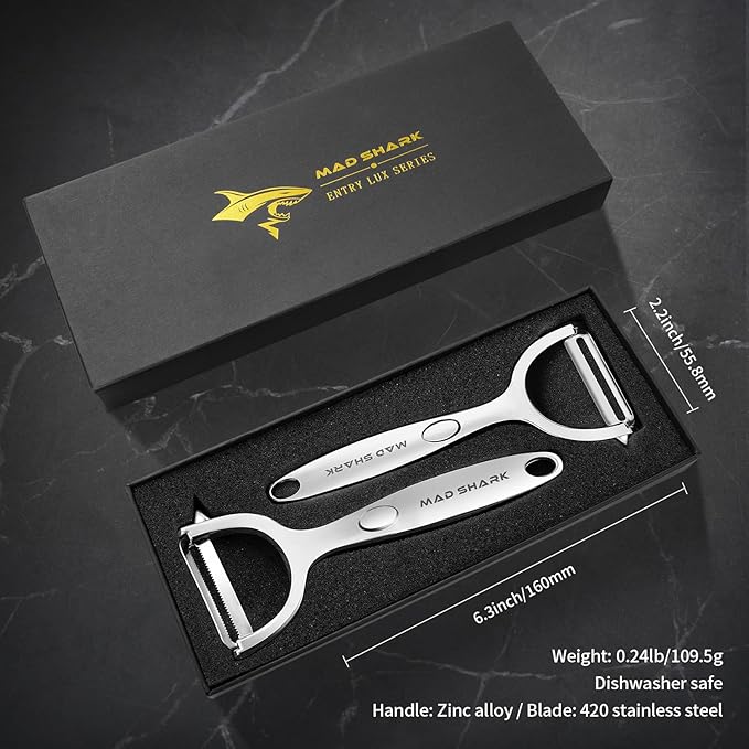 MAD SHARK Ultra Sharp Vegetable Peelers for Kitchen Fruit Apple Potato Peelers,Design with Ergonomic Non-Slip Handle, Y-Shaped Stainless Steel Serrated（Flat&Serrated Blade 2pc）