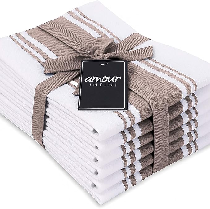 AMOUR INFINI Kitchen Towels 100% Cotton Pack of 6, Highly Absorbent Quick Drying Super Soft Premium Dish Towel for Kitchen with Hanging Loop Hand & Tea Towels - 20x28 Inch (Beige)