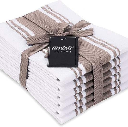 AMOUR INFINI Kitchen Towels 100% Cotton Pack of 6, Highly Absorbent Quick Drying Super Soft Premium Dish Towel for Kitchen with Hanging Loop Hand & Tea Towels - 20x28 Inch (Beige)