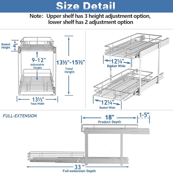 2 Tier Individual Pull Out Cabinet Organizer 13½" W x 18" D, Heavy Duty Cabinet Pull Out Shelves, Slide Out Drawers Organization for Kitchen Cabinets Bathroom